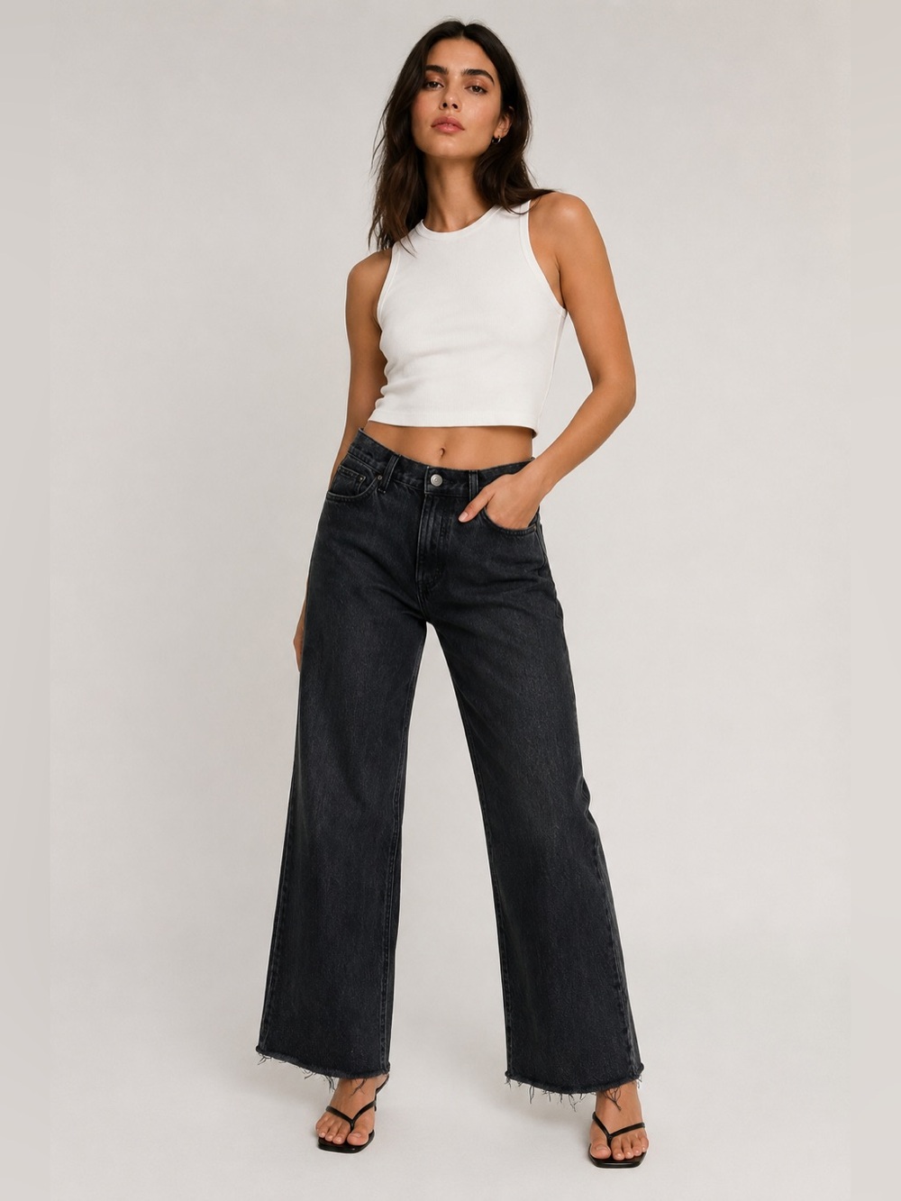 Denim forum Farrah high rise wide leg frayed hem jeans
